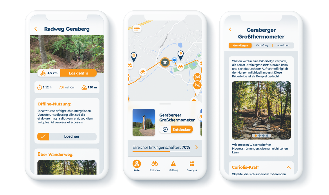 3 Screens (Wanderwegedetailinfos, Karte und Wissensinformationen) der Wanderwegeapp natourio.