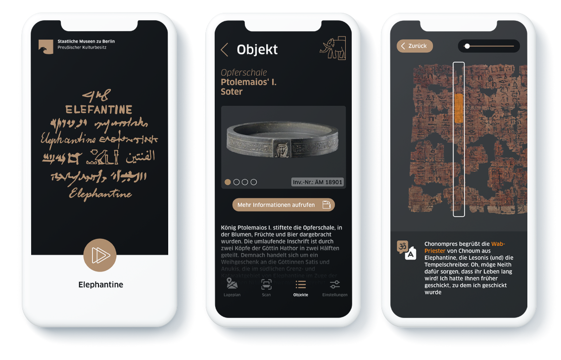 3 Screens (Startscreen, Objektbeschreibung und vertikale Hieroglyphenübersetzung einer Papyrusschriftrolle) der Museumsapp.